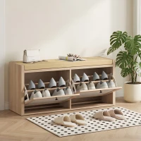 HOMCOM Rattan Shoe Bench with Padded Cushion and 2 Cabinets for Hidden Storage, Oak Wood Effect(m-8)