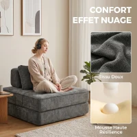 HOMCOM Canapé-lit pliant 2 en 1, chauffeuse 1 place, convertible en chenille, coussin épais, dossier et oreiller, gris(m-5)