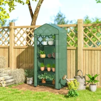Outsunny 4 Tier Mini Portable Greenhouse Compact Plant Grow Shed Metal Frame PE Cover with Lockable Rolling Wheels , Green(m-9)
