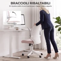 HOMCOM Sedia da Ufficio in Rete con Braccioli Ribaltabili, Altezza Regolabile e Ruote, Rosa e Bianco(m-5)