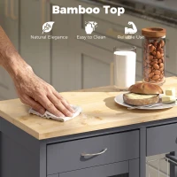 HOMCOM Bamboo Kitchen Island, Rolling Kitchen Trolley with Glass Door, 2 Metal Wire Baskets and Adjustable Shelf, Grey(m-4)
