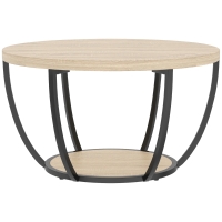 HOMCOM Table basse ronde avec 2 étagères de rangement, pieds en métal, bords arrondis, chêne et noir