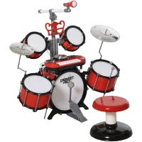 HOMCOM Kit de Batterie pour Enfants avec Tabouret, Clavier Électronique, Microphone, Connecté via USB, 77,5x40x76,5cm, Rouge(m-1)
