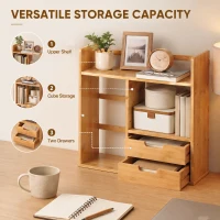 HOMCOM Organizator de Birou cu 2 Sertare și Rafturi pentru Documente, Bambus, 48x19,5x 46 cm, Culoare Lemn(m-4)