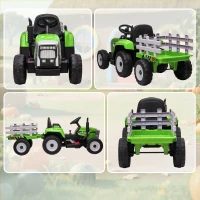 HOMCOM Trattore Elettrico per Bambini 3-6 Anni con Rimorchio Rimovibile, Batteria 12V e Telecomando, Verde(m-9)