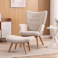 HOMCOM Fotoliu Relax cu Taburet pentru Picioare, din Catifea cu Nervuri, cu Spătar Înalt și Brațe, Bej(m-11)