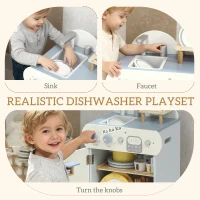 AIYAPLAY Wooden Dishwasher Playset, Kitchen Sink Toys with Faucet, Sink and Accessories, Gift for Boys Girls Toddlers(m-4)