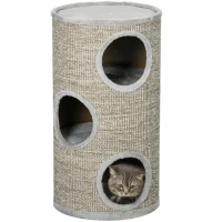 PawHut Tonneau à gratter pour chat, tour à griffer en sisal à 3 niveaux recouvert de peluche, Ø 38 x 70 cm, gris(m-11)