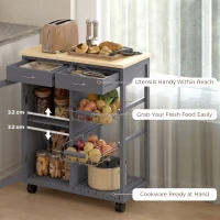 HOMCOM Bamboo Kitchen Island, Rolling Kitchen Trolley with Glass Door, 2 Metal Wire Baskets and Adjustable Shelf, Grey(m-5)