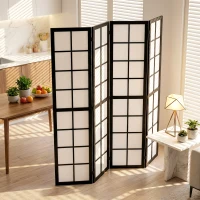 HOMCOM Paravento da Interno a 4 Pannelli Pieghevole in Legno e Tessuto, 160x170 cm, Nero e Bianco(m-9)