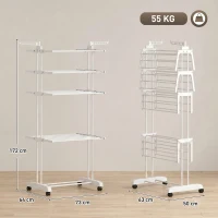 HOMCOM Séchoir à linge pliable 4 niveaux avec roulettes, étendoir linge intérieur avec ailes latérales, cadre en acier, blanc(m-3)