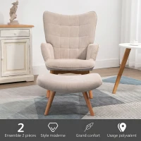 HOMCOM Fauteuil avec repose pied, dossier haut, pieds en bois et tissu aspect velours côtelé, pour salon chambre à coucher beige(m-6)
