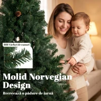 HOMCOM Brad Artificial de Crăciun, 180 cm, 888 Ramuri Ignifuge, Bază Metalică Pliabilă, Verde(m-5)