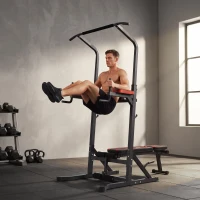 HOMCOM Estación de Musculación Plegable Altura Ajustable con Barra de Dominadas Banco Reclinable para Gimnasio Negro y Rojo(m-8)