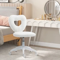 HOMCOM Sedia da Ufficio Imbottita con Schienale a Cuore e Rotelle, in Velluto Teddy e Plastica, 45x56x78-88 cm, Bianco(m-9)