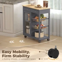 HOMCOM Bamboo Kitchen Island, Rolling Kitchen Trolley with Glass Door, 2 Metal Wire Baskets and Adjustable Shelf, Grey(m-6)