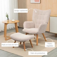 HOMCOM Fauteuil avec repose pied, dossier haut, pieds en bois et tissu aspect velours côtelé, pour salon chambre à coucher beige(m-5)