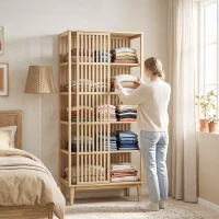 HOMCOM Armoire Chambre Penderie en Bambou 5 Niveaux avec Porte Coulissante, Design Aéré à Lattes, Bois Naturel(m-9)