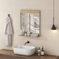 HOMCOM Oglindă de Perete pentru Baie cu Raft Deschis Oglindă pentru Intrare Hol 50x12x60 cm Stejar(m-4)