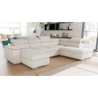 Canapé d'angle convertible panoramique 5 a 6 places DAYTONA - Velours côtelé beige - Avec coffre - L 326 x H 94 x P 216 cm(m-2)