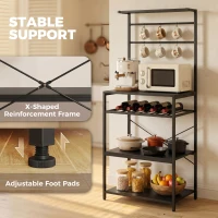HOMCOM Freestanding Shelving Unit, Industrial Storage Shelf with 6 Hooks and Wine Rack for Living Room, Home Office, Black(m-5)