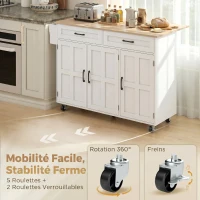 HOMCOM Îlot de cuisine avec plateau rabattable, chariot à roulettes 2 tiroirs, 3 portes, porte-racks et porte-serviettes, blanc(m-7)