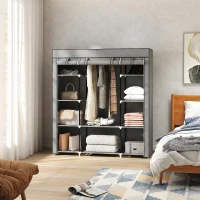 HOMCOM Armoire de rangement penderie en tissu pliable avec barre de suspension et étagères, 150 x 43 x 162,5 cm, gris clair(m-13)