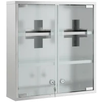 HOMCOM Medizinschrank, Abschließbarer Medikamentenschrank mit 2 Schlüsseln, Glastür und 6 Regalen, 48 x 46 x 12 cm, Silber(m-1)
