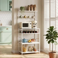 HOMCOM Freestanding Shelving Unit, Industrial Storage Shelf with 6 Hooks and Wine Rack for Living Room, Home Office, White(m-2)