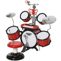 HOMCOM Kit de Batterie pour Enfants avec Tabouret, Clavier Électronique, Microphone, Connecté via USB, 77,5x40x76,5cm, Rouge(m-17)
