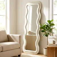 HOMCOM Full Length Mirror, 160 x 60 cm Wavy Full Body Wall Standing Mirror with Velvet Frame and Tempered Glass, Cream White(m-14)