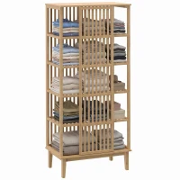 HOMCOM Armoire Chambre Penderie en Bambou 5 Niveaux avec Porte Coulissante, Design Aéré à Lattes, Bois Naturel(m-17)