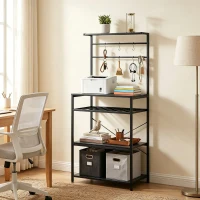HOMCOM Freestanding Shelving Unit, Industrial Storage Shelf with 6 Hooks and Wine Rack for Living Room, Home Office, Black(m-8)