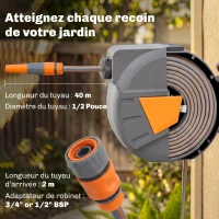 Outsunny Enrouleur Tuyau Arrosage Mural 40+2 m x Ø 15mm, Dévidoir de Tuyaux d'Eau Rétractable Automatique Pivotant à 180°, Orange(m-4)