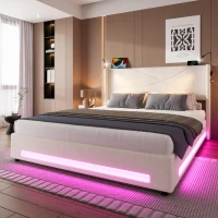 Modern Platform Bed with Hydraulic Lift System, Functional Bed Frame with Built-In Reading Lamps and USB Ports, 199L x 142W x 106H cm, Beige(m-1)