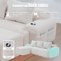 Corduroy Sectional Sofa with Built-in Cup Holders and Side Storage Pockets, 3-Seater Modular Sofa with Ottomans, 268L x 174W x 80H cm, Beige(m-6)