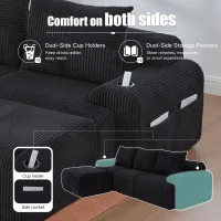 Corduroy Sectional Sofa with Built-in Cup Holders and Side Storage Pockets, 3-Seater Modular Sofa with Ottomans, 268L x 174W x 80H cm, Black(m-6)