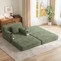 Corduroy Sleeper Chair with Ottoman and Metal Frame, Convertible 1-Seater Sofa Bed with High Backrest, 107L x 162W x 81H cm, Green(m-1)