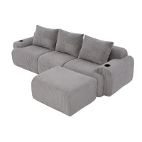 3-Seater Modular Sofa with Ottomans and Side Storage Pockets, Corduroy Sectional Sofa with Integrated Cup Holders, 268L x 174W x 80H cm, Light Gray(m-11)
