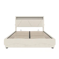 Space-Saving Upholstered Bed with Under-Bed Storage, Modern Bed Frame with Soft Velvet Fabric, 159L x 221W x 115.5H cm, Beige(m-2)