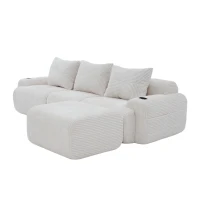 Corduroy Sectional Sofa with Built-in Cup Holders and Side Storage Pockets, 3-Seater Modular Sofa with Ottomans, 268L x 174W x 80H cm, Beige(m-14)