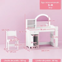 AIYAPLAY Coiffeuse pour enfants avec tabouret et miroir LED, table de maquillage pour 3 à 8 ans, 88,6 x 38,8 x 96,9 cm, blanc(m-3)