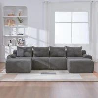 4-Seater Modular Cord Sofa with 2 Ottomans and Integrated Cup‑Holders, Corduroy Sectional Sofa for Living Rooms, 333L x 174W x 80H cm, Dark Gray(m-8)