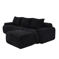 Corduroy Sectional Sofa with Built-in Cup Holders and Side Storage Pockets, 3-Seater Modular Sofa with Ottomans, 268L x 174W x 80H cm, Black(m-13)