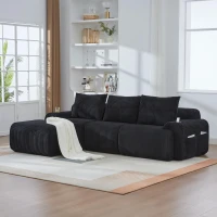 Corduroy Sectional Sofa with Built-in Cup Holders and Side Storage Pockets, 3-Seater Modular Sofa with Ottomans, 268L x 174W x 80H cm, Black(m-1)