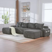 4-Seater Modular Cord Sofa with 2 Ottomans and Integrated Cup‑Holders, Corduroy Sectional Sofa for Living Rooms, 333L x 174W x 80H cm, Dark Gray(m-1)
