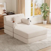 Corduroy Sleeper Chair with Ottoman and Metal Frame, Convertible 1-Seater Sofa Bed with High Backrest, 107L x 162W x 81H cm, Beige(m-9)