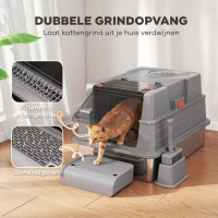 PawHut XXL Kattenbak van Roestvrij Staal 130L met 180° Klapdeksel, Hoge Wanden en Schep, 70 x 50 x 43 cm, Grijs(m-6)