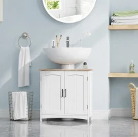kleankin Meuble salle de bain sous lavabo à double portes avec étagères réglables, blanc et bois naturel(m-10)