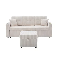 Multifunctional Corduroy Sofa Bed with Hidden Storage and Pull‑Out Bed, LED-Lighted Guest Couch with Wide Armrests, 196L x 82W x 85H cm, Beige(m-2)